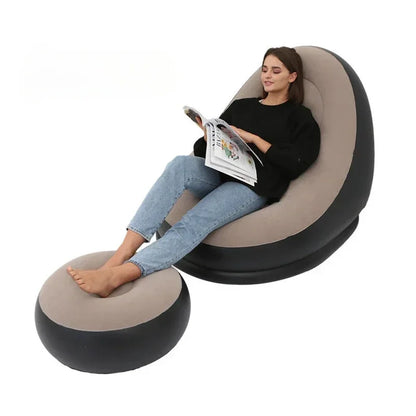 Lazy Sofa Chair Foldable Portable Flocked Recliner with Footstool for Outdoor Camping Lounge Living Room Inflatable Tatami Chair