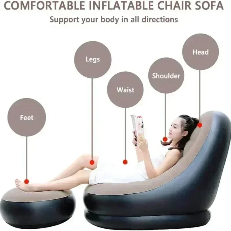 Lazy Sofa Chair Foldable Portable Flocked Recliner with Footstool for Outdoor Camping Lounge Living Room Inflatable Tatami Chair