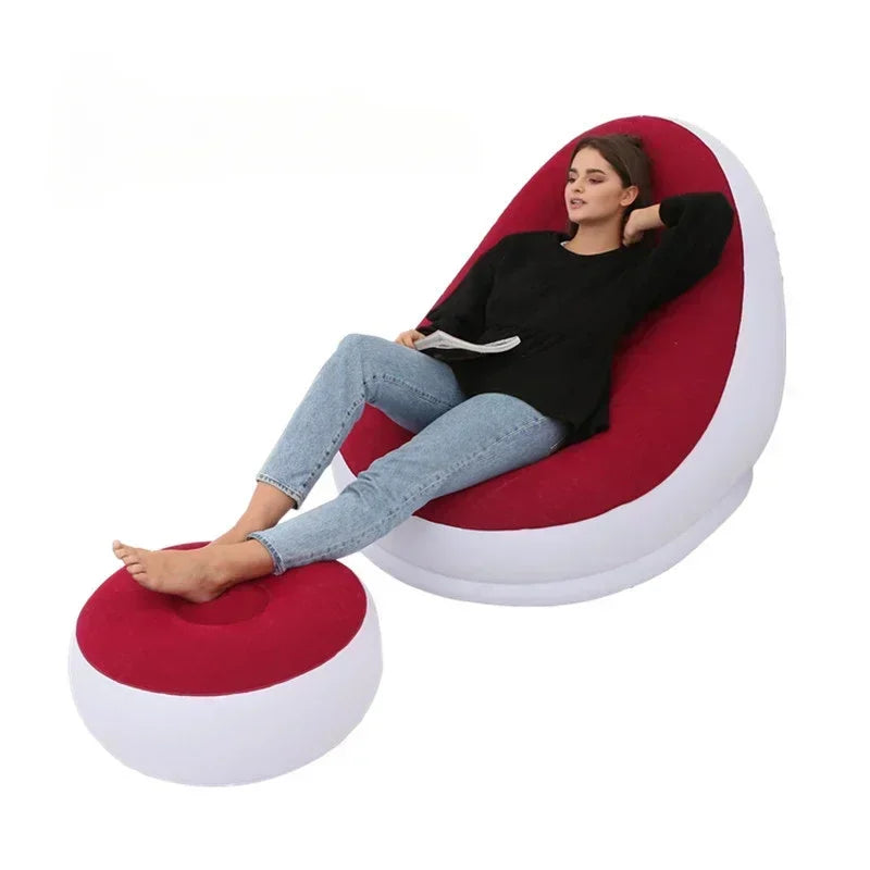 Lazy Sofa Chair Foldable Portable Flocked Recliner with Footstool for Outdoor Camping Lounge Living Room Inflatable Tatami Chair